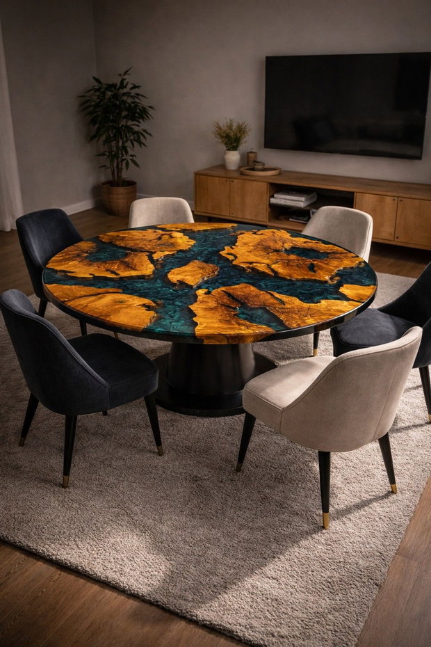 Masă rotundă din lemn masiv cu rășină epoxidică - Ø120 cm - finisaj premium - ATP Wood