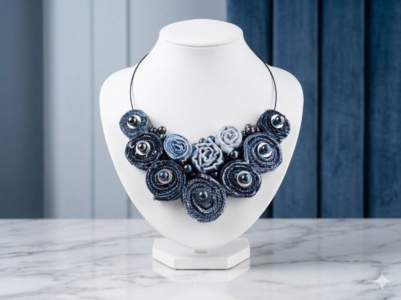 Colier Statement Handmade din Blugi Reciclați și Mărgele Irisate Unicat, Stil Urban-Șic (cod1414)