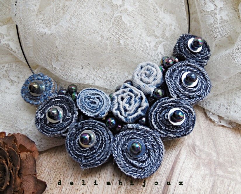 Colier Statement Handmade din Blugi Reciclați și Mărgele Irisate Unicat, Stil Urban-Șic (cod1414)