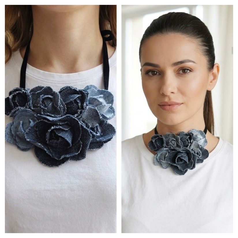 Colier statement cu flori din blugi reciclați (cod1419)