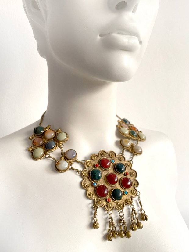 Colier fabulos vintage cu agate・Colier etnic cu influente indiene・Colier cu agate incrustate・Colier deosebit cu cabochon agata