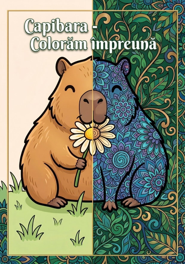 capibara: colorăm împreună carte colorat kawaii mandala, copii și adulți, cadou creativ, A4