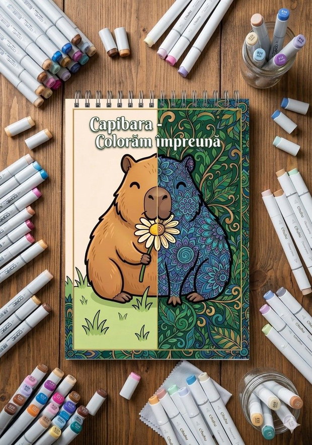 capibara: colorăm împreună carte colorat kawaii mandala, copii și adulți, cadou creativ, A4