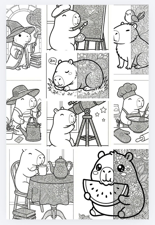 capibara: colorăm împreună carte colorat kawaii mandala, copii și adulți, cadou creativ, A4