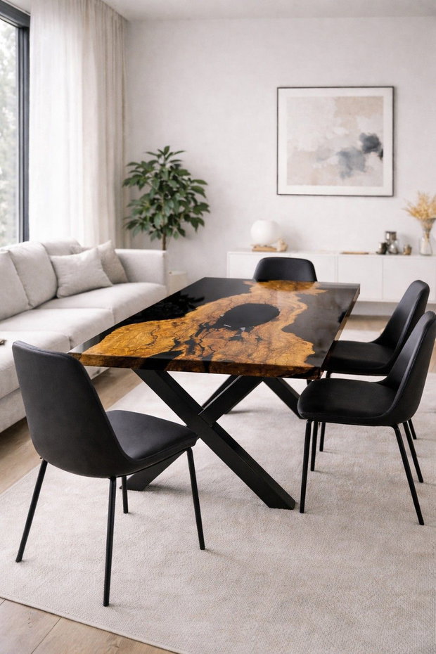 Masă rășină epoxidică cu inserie de maslin - design unic - ATP Wood