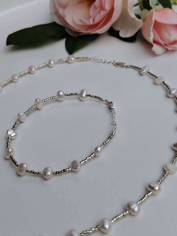 Set brățară și colier perle cultură, Miyuki și Argint (titlu 925)