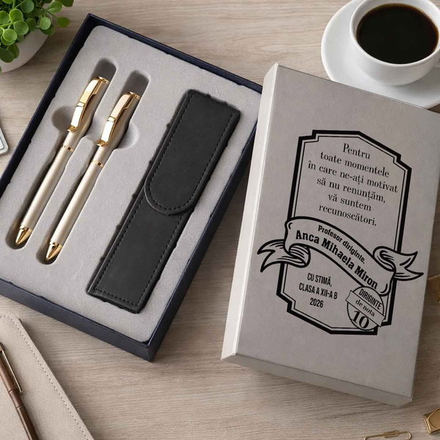 Cadou pentru Dirigintă Set Stilou, Pix și Etui Premium în Cutie Personalizată