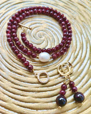 Colier CHOKER Granat bordo & perla alba de cultura