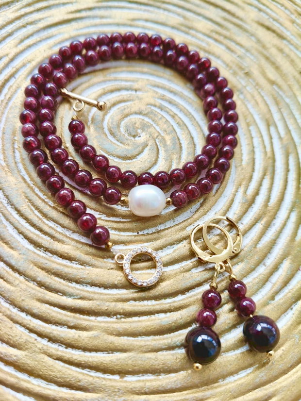 Colier CHOKER Granat bordo & perla alba de cultura