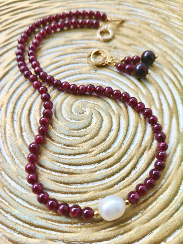 Colier CHOKER Granat bordo & perla alba de cultura