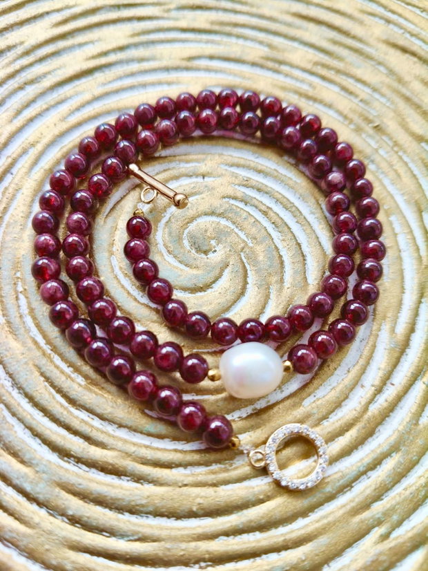Colier CHOKER Granat bordo & perla alba de cultura