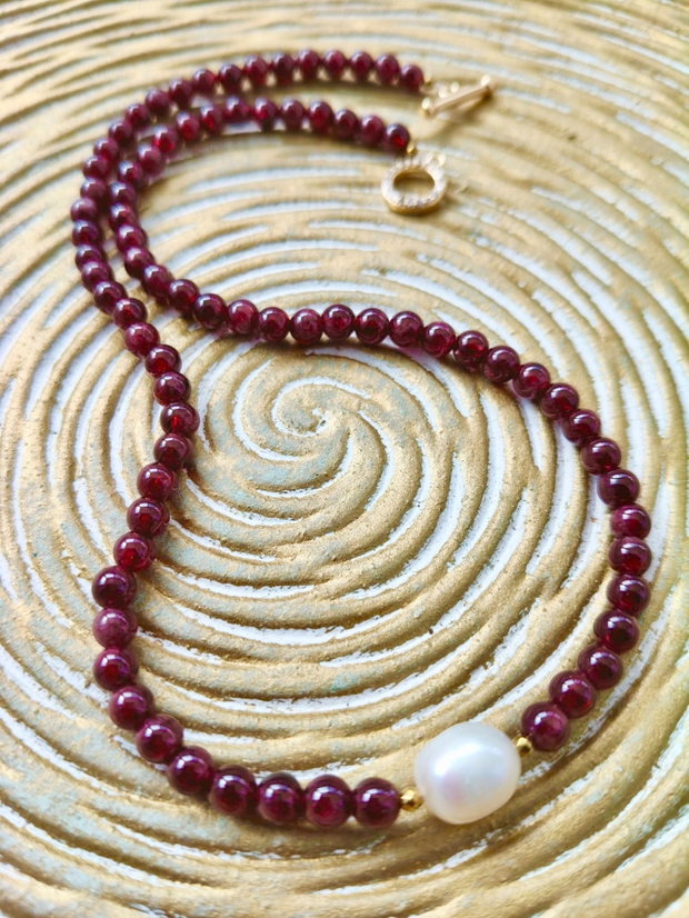 Colier CHOKER Granat bordo & perla alba de cultura