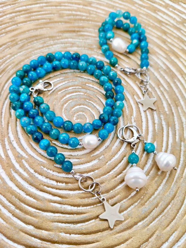 Set colier, bratara și cercei Apatit blue & perle albe de cultura