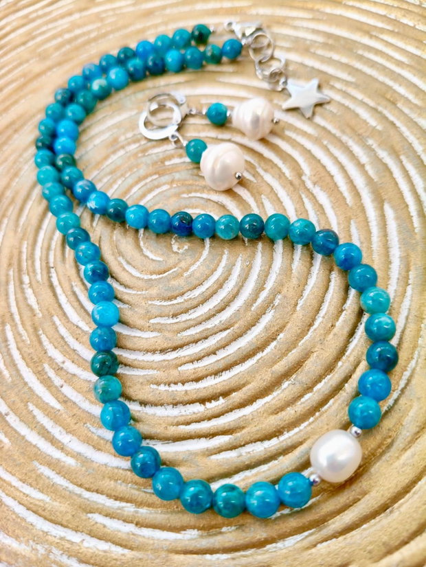Set colier, bratara și cercei Apatit blue & perle albe de cultura