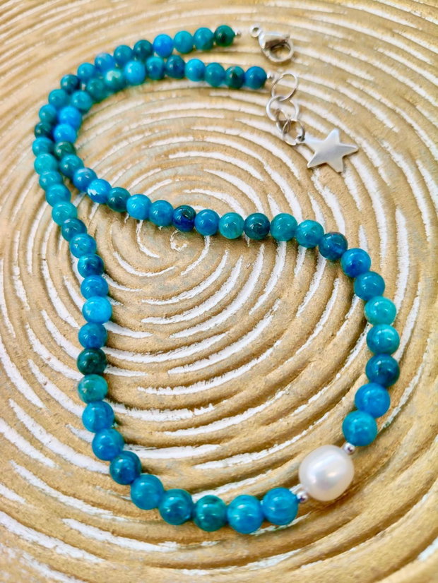 Set colier, bratara și cercei Apatit blue & perle albe de cultura