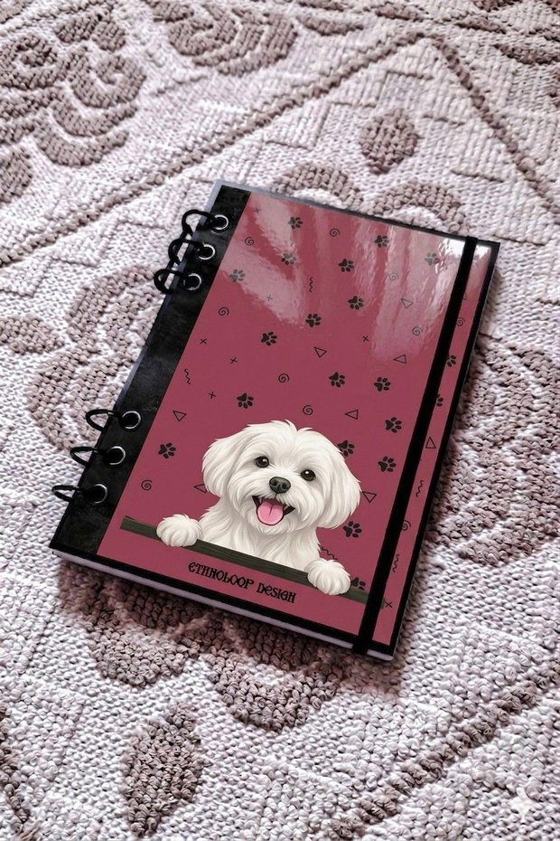 Caiet Mecanic A5 cu Refill Rezerve Foi - Curiosul Bichon Maltez cu Blana Scurta v1 (Rosu Burgund)