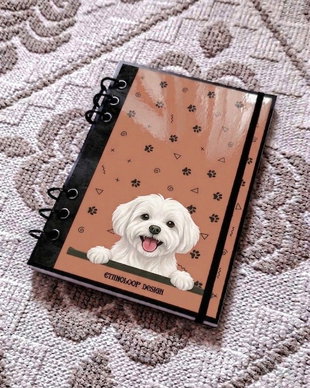 Caiet Mecanic A5 cu Refill Rezerve Foi - Curiosul Bichon Maltez cu Blana Scurta v2 (Portocaliu Teracota)