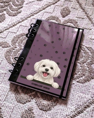 Caiet Mecanic A5 cu Refill Rezerve Foi - Curiosul Bichon Maltez cu Blana Scurta v7 (Mov Lila)