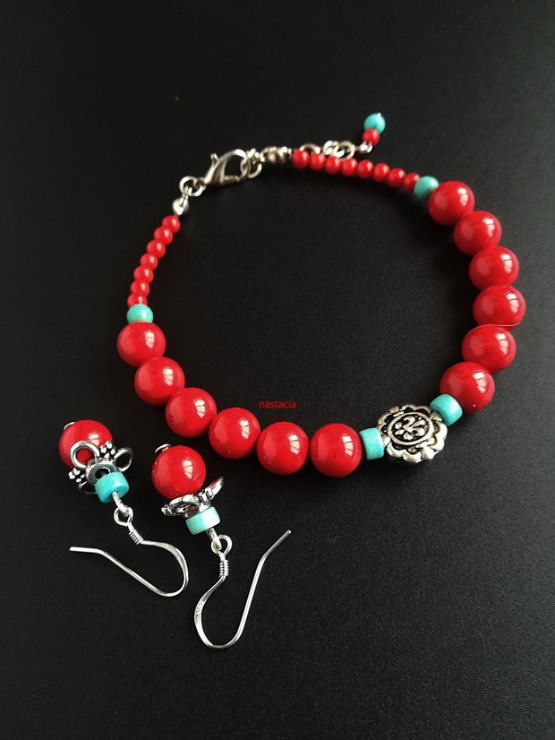 set floral coral rosu si argint