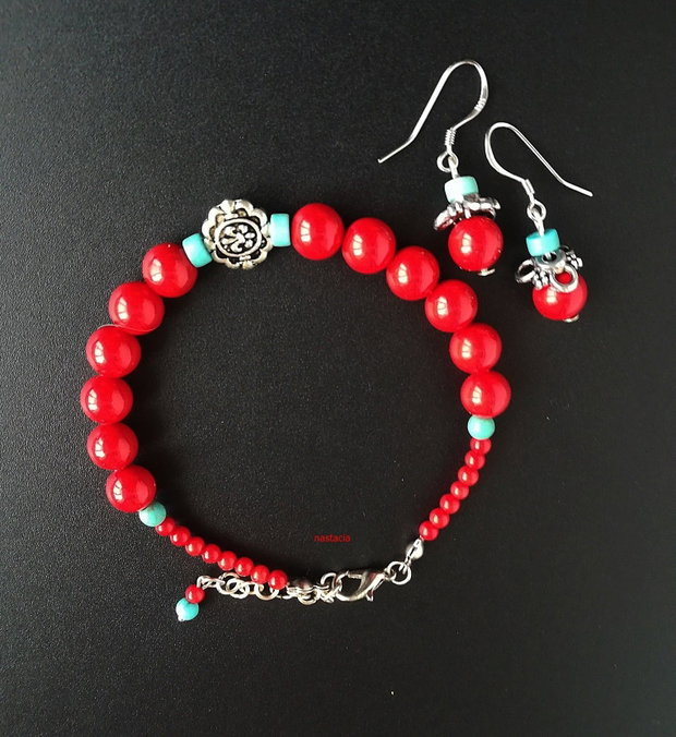 set floral coral rosu si argint