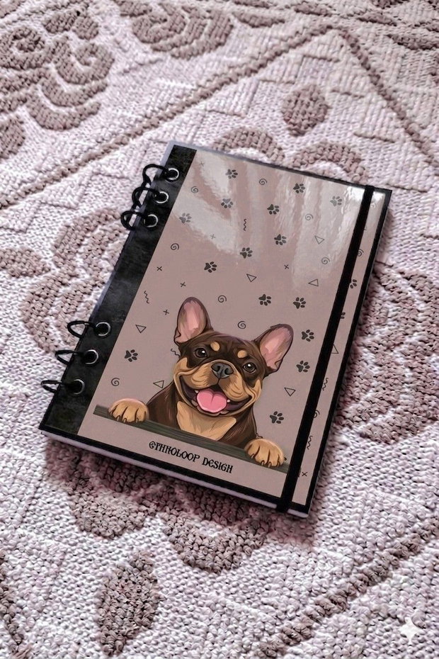 Caiet Mecanic A5 cu Refill Rezerve Foi - Curiosul Buldog Francez Ciocolatiu v10 (Gri-Bej/ Grej)