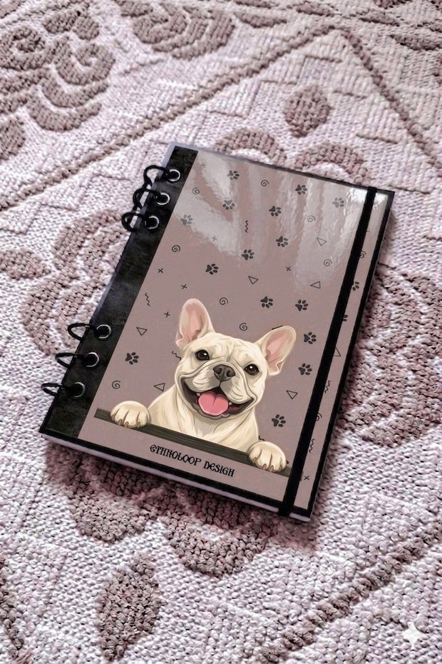 Caiet Mecanic A5 cu Refill Rezerve Foi - Curiosul Buldog Francez Crem v10 (Gri-Bej/ Grej)