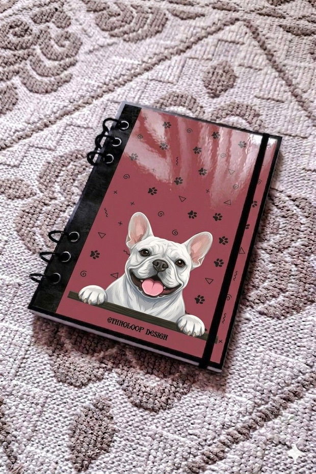 Caiet Mecanic A5 cu Refill Rezerve Foi - Curiosul Buldog Francez Alb v1 (Rosu Burgund)