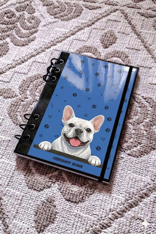 Caiet Mecanic A5 cu Refill Rezerve Foi - Curiosul Buldog Francez Alb v6 (Albastru Azur)