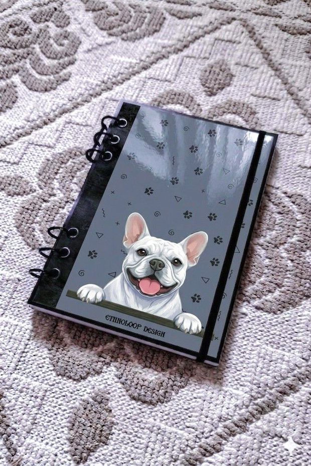 Caiet Mecanic A5 cu Refill Rezerve Foi - Curiosul Buldog Francez Alb v9 (Gri Cenusiu)