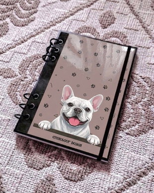 Caiet Mecanic A5 cu Refill - Curiosul Buldog Francez Alb v10 (Gri-Bej/ Grej)