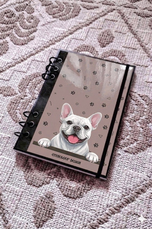 Caiet Mecanic A5 cu Refill - Curiosul Buldog Francez Alb v10 (Gri-Bej/ Grej)