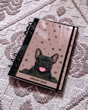 Caiet Mecanic A5 cu Refill Rezerve Foi - Curiosul Buldog Francez Negru v8 (Roz Prafuit)