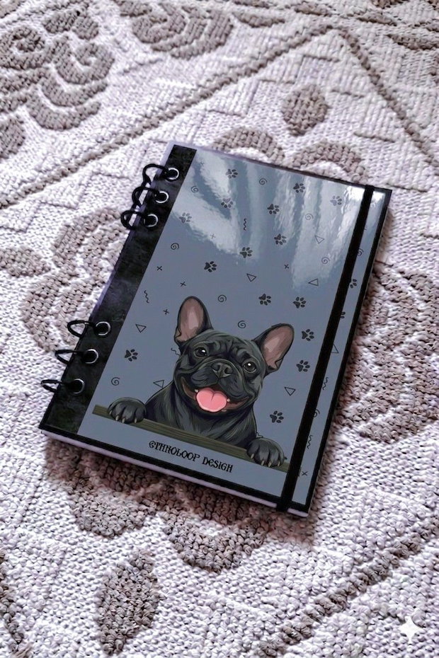 Caiet Mecanic A5 cu Refill Rezerve Foi - Curiosul Buldog Francez Negru v9 (Gri Cenusiu)