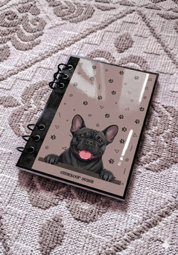 Caiet Mecanic A5 cu Refill Rezerve Foi - Curiosul Buldog Francez Negru v10 (Gri-Bej/ Grej)