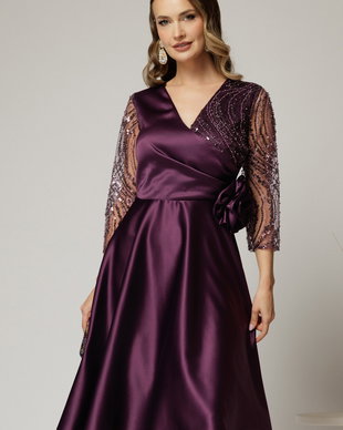 Rochie Azaleea midi mov din tafta cu paiete la bust si funda maxi in talie