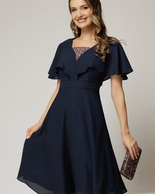 Rochie midi din voal bleumarin cu maneci evazate si decolteu adanc