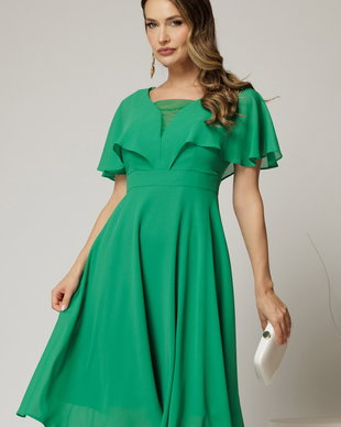 Rochie midi din voal verde cu maneci evazate si decolteu adanc