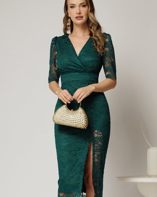 Rochie midi verde de ocazie din dantela conica si decolteu petrecut