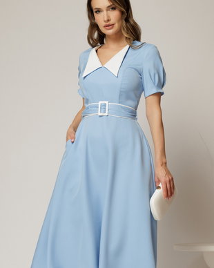 Rochie midi bleu cu guler alb in contrast si cordon cu insertii