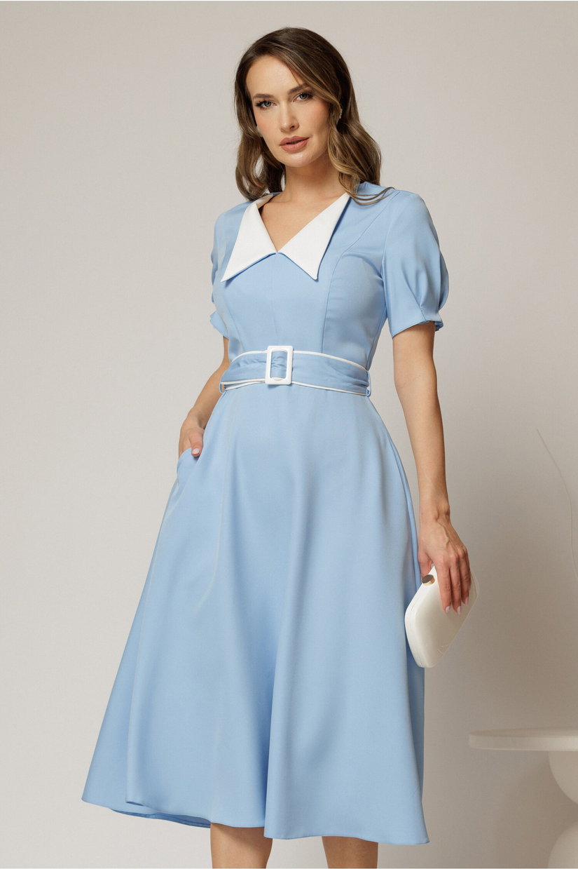 Rochie midi bleu cu guler alb in contrast si cordon cu insertii
