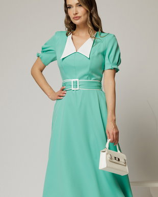 Rochie midi verde turcoaz cu guler alb in contrast si cordon cu insertii