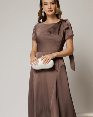 Rochie midi maro din satin cu funda pe umar si fusta clos