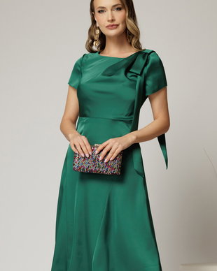 Rochie midi verde din satin cu funda pe umar si fusta clos