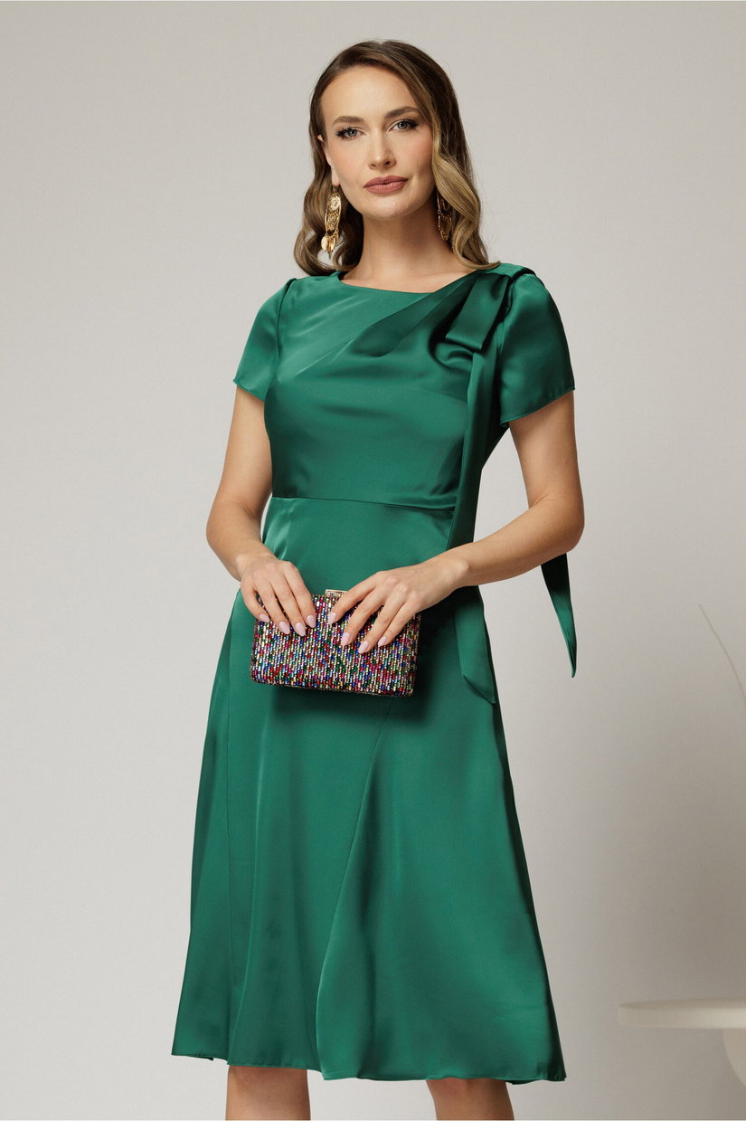 Rochie midi verde din satin cu funda pe umar si fusta clos