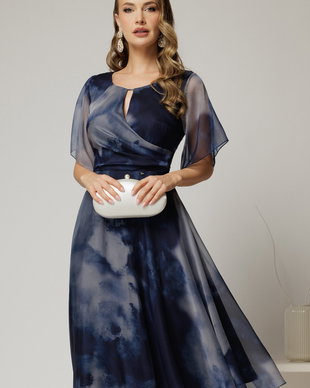 Rochie midi de ocazie in degrade bleumarin din voal fin