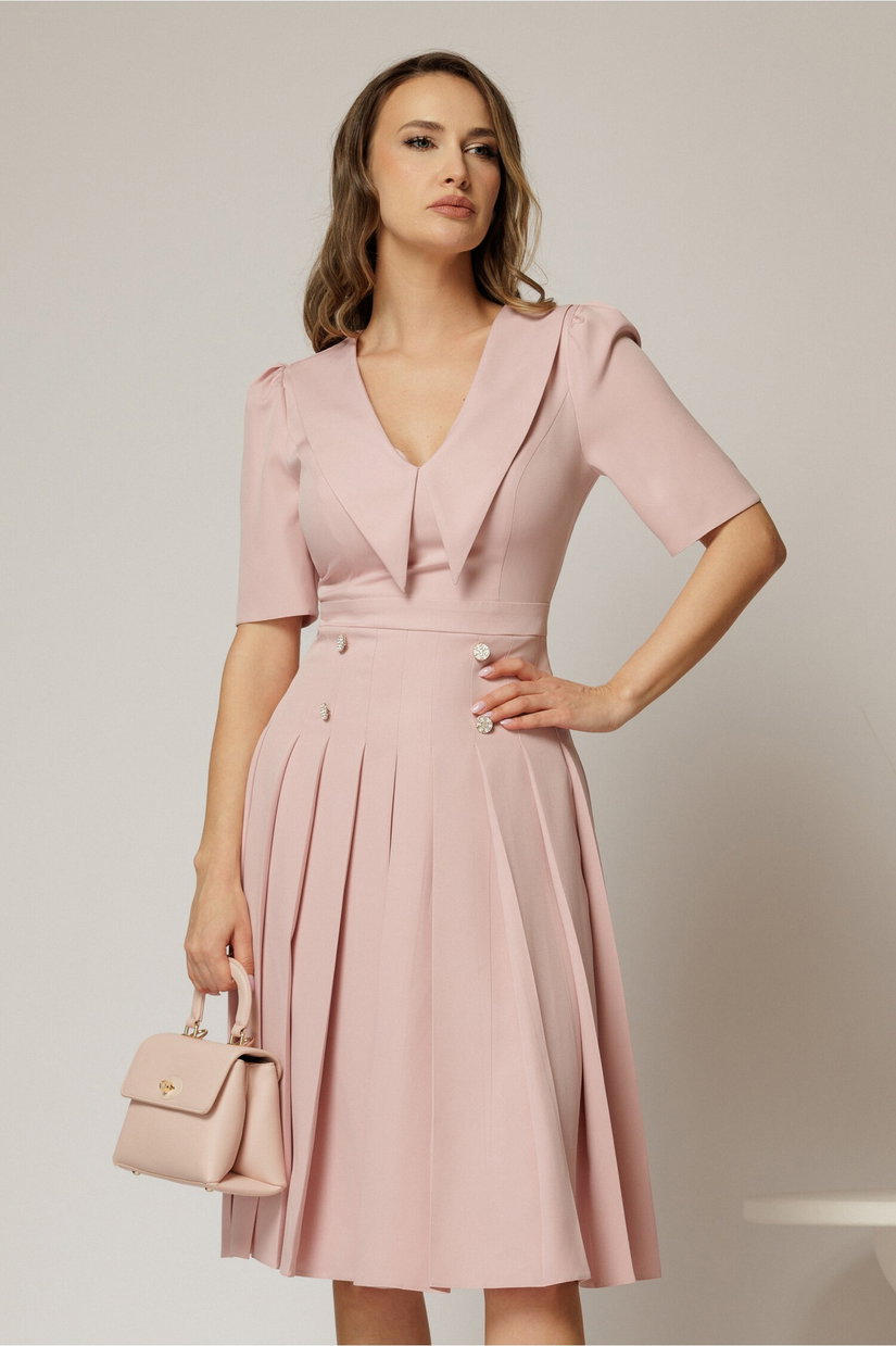Rochie DY Fashion roz cu decolteu cu guler ascutit si fusta plisata