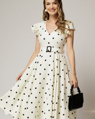 Rochie DY Fashion ivoar cu buline si curea in talie