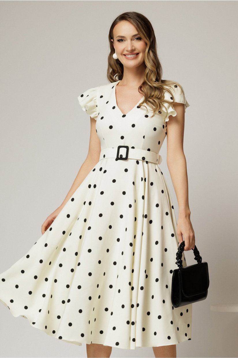 Rochie DY Fashion ivoar cu buline si curea in talie