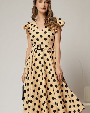 Rochie DY Fashion galben pai cu buline si curea in talie