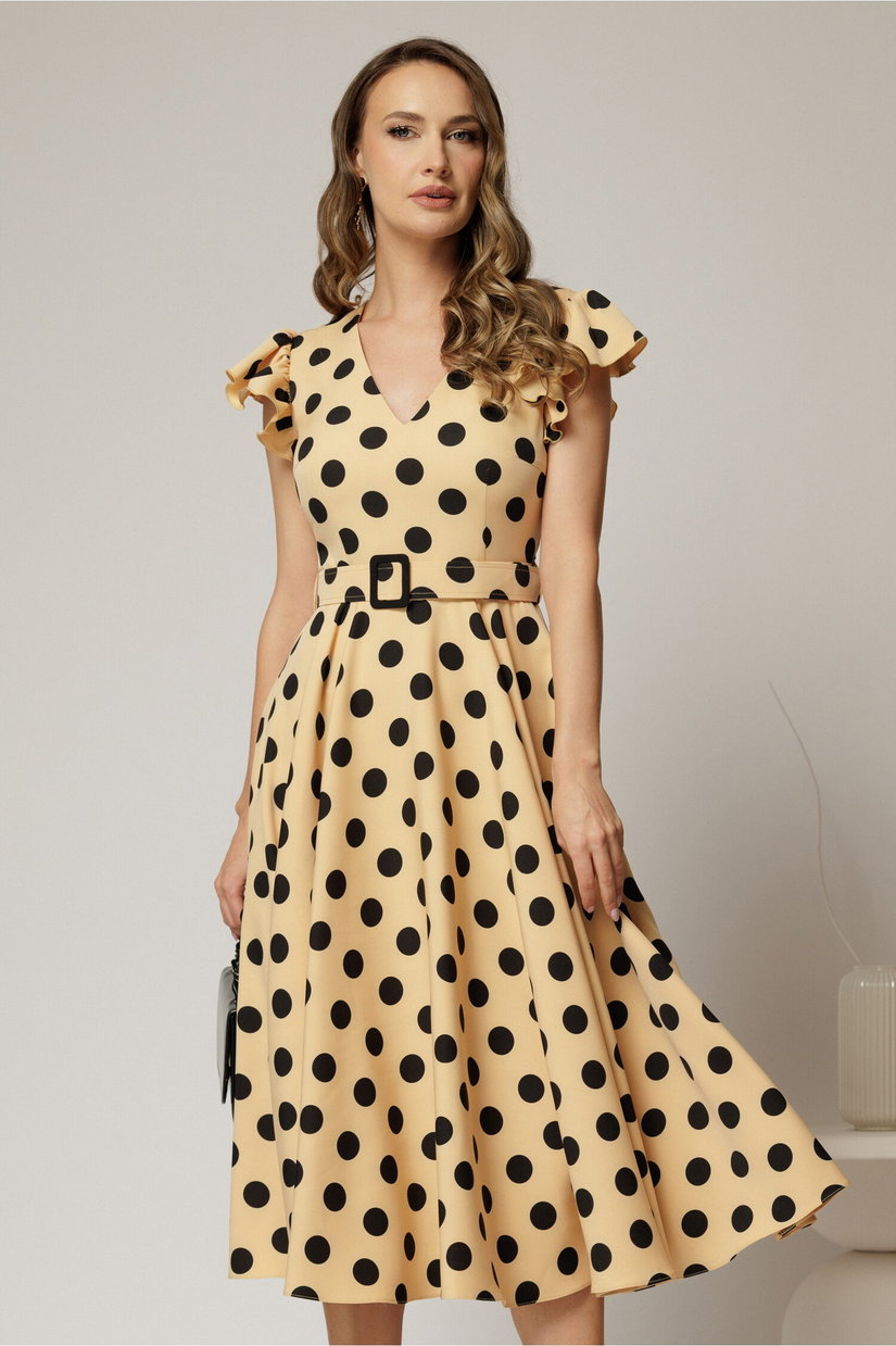 Rochie DY Fashion galben pai cu buline si curea in talie